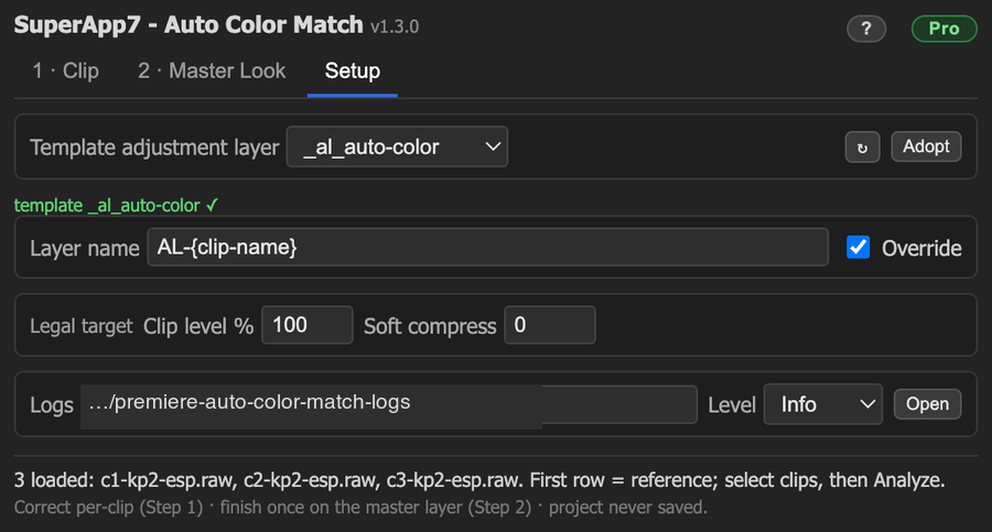 Auto Color Match setup tab